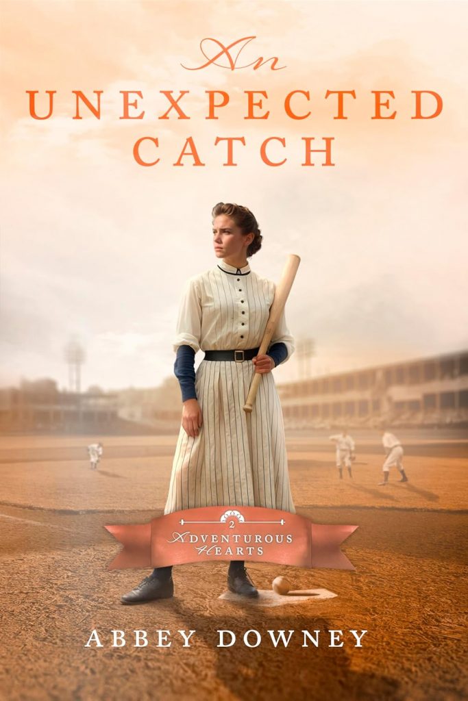 Book cover for An Unexpected Catch: woman in old fashioned striped dress stands on baseball field holding a bat with players in the background.